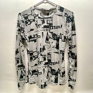 SO Fitted Top Women's Medium Black White Newspaper Print Semi Sheer Long Sleeve